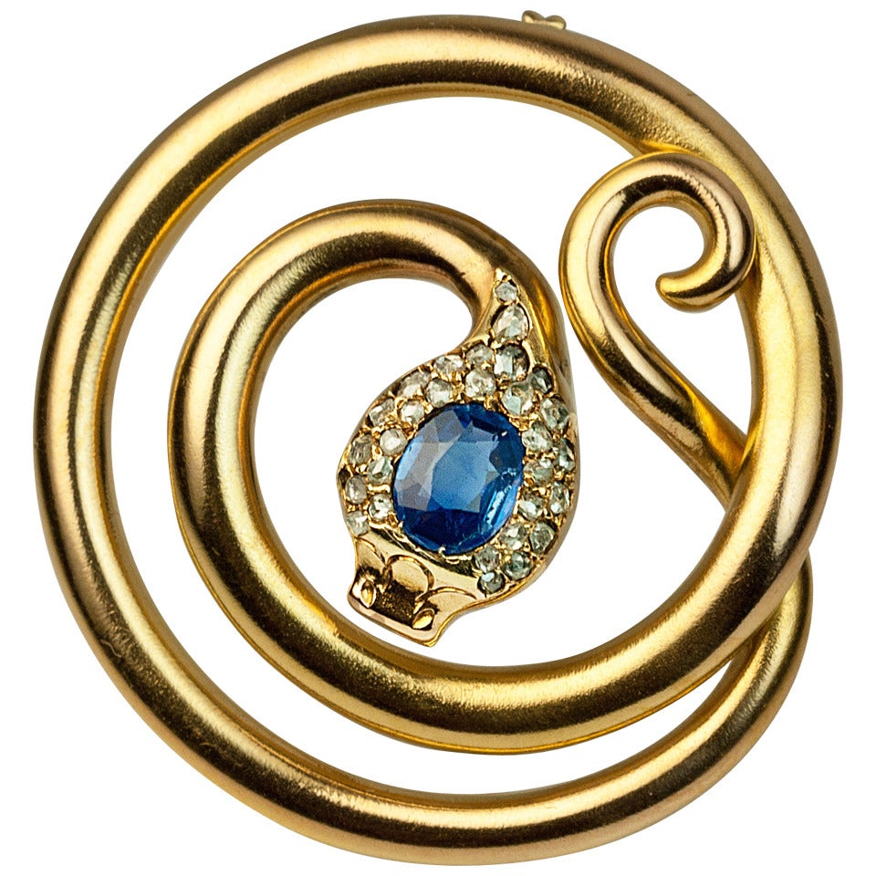 Antique Russian Sapphire Diamond Gold Snake Brooch
