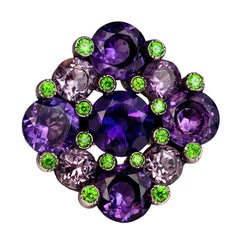 1930s Russian Amethyst Demantoid Silver Gold Cocktail Ring