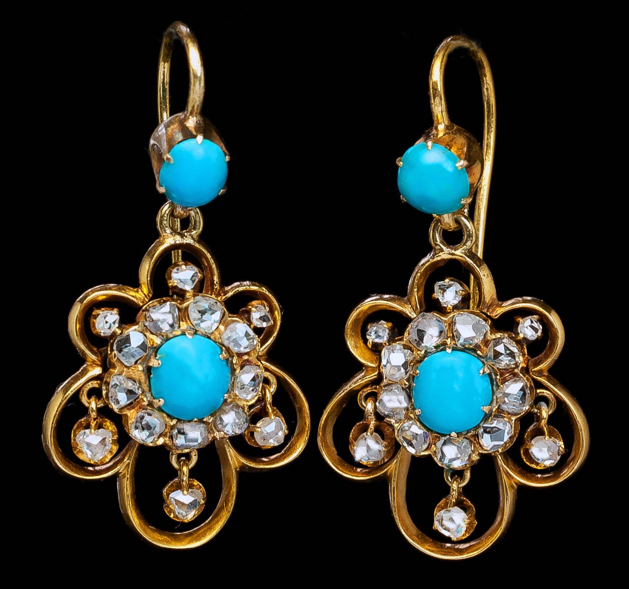 Victorian Mid 1800s Turquoise Rose Cut Diamond Gold Dangle Earrings In Excellent Condition In Chicago, IL