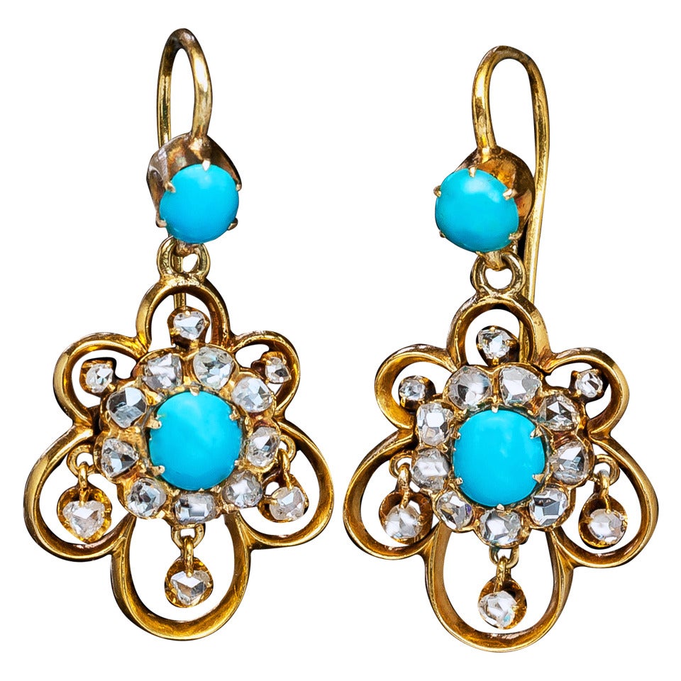 Victorian Mid 1800s Turquoise Rose Cut Diamond Gold Dangle Earrings