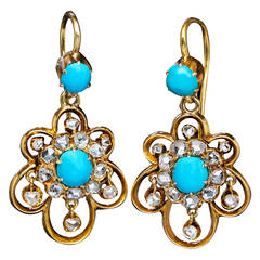 Victorian Mid 1800s Turquoise Rose Cut Diamond Gold Dangle Earrings