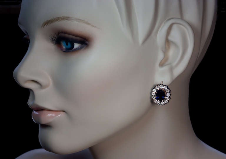 Antique Russian Sapphire Diamond Gold Cluster Earrings In Excellent Condition In Chicago, IL