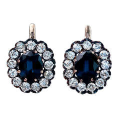 Antique Russian Sapphire Diamond Gold Cluster Earrings