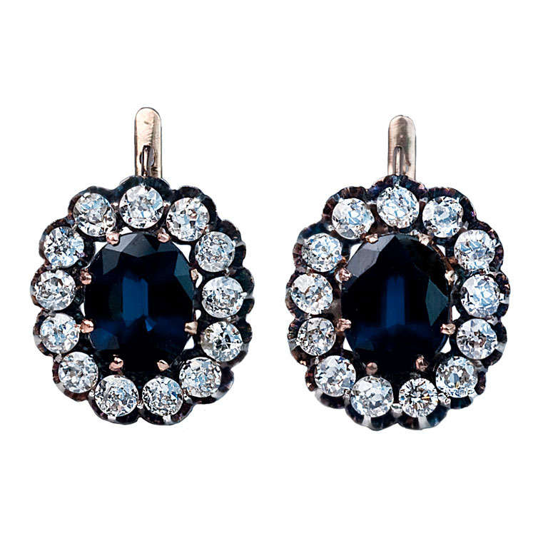 Antique Russian Sapphire Diamond Gold Cluster Earrings