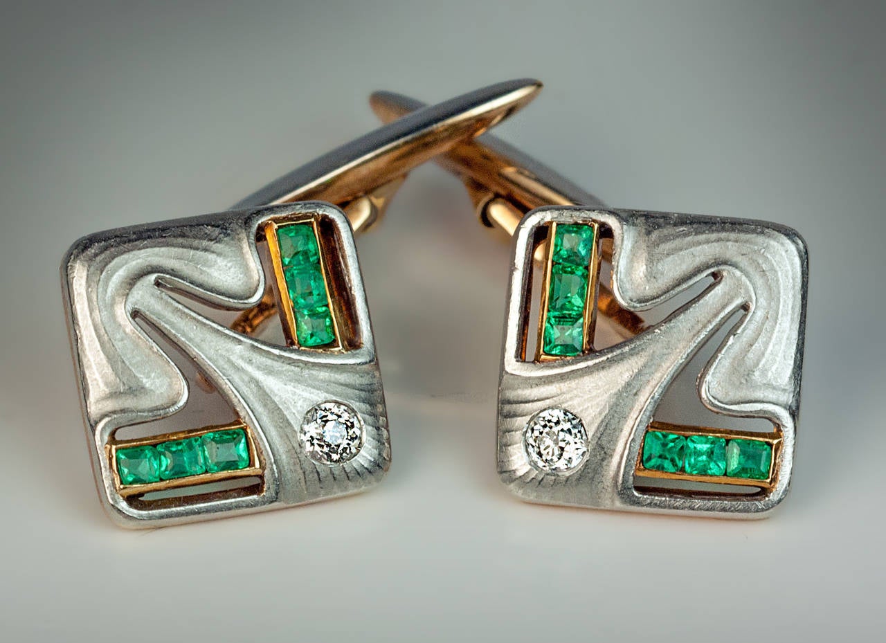 Art Nouveau Jugendstil Antique Diamond Emerald Platinum Gold Cufflinks 1