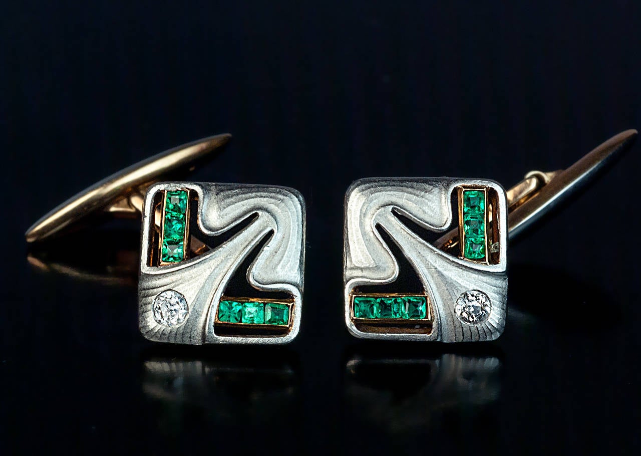 Women's Art Nouveau Jugendstil Antique Diamond Emerald Platinum Gold Cufflinks
