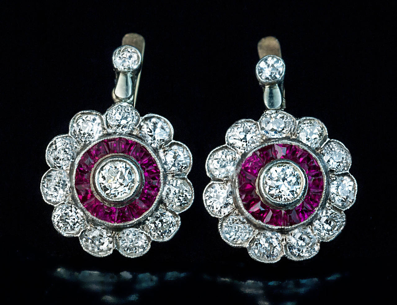 Round Cut Antique Edwardian Early Art Deco Diamond Ruby Cluster Earrings For Sale