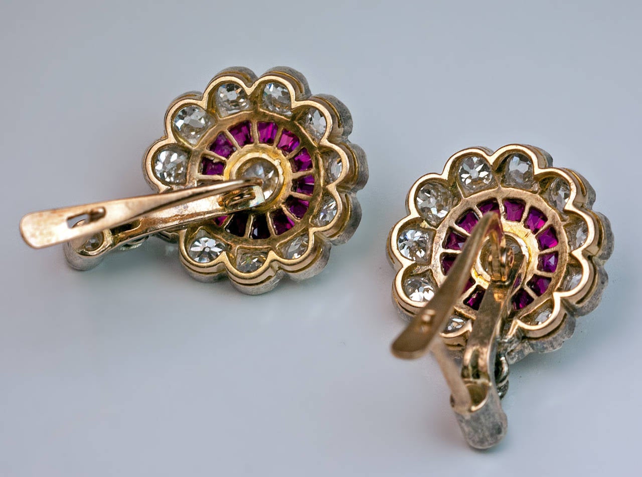Antique Edwardian Early Art Deco Diamond Ruby Cluster Earrings In Excellent Condition For Sale In Chicago, IL