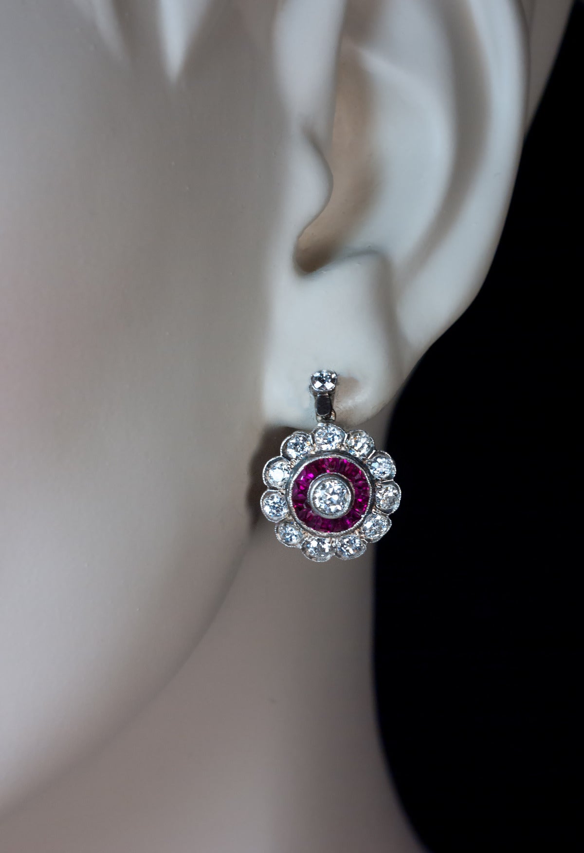 Women's Antique Edwardian Early Art Deco Diamond Ruby Cluster Earrings For Sale