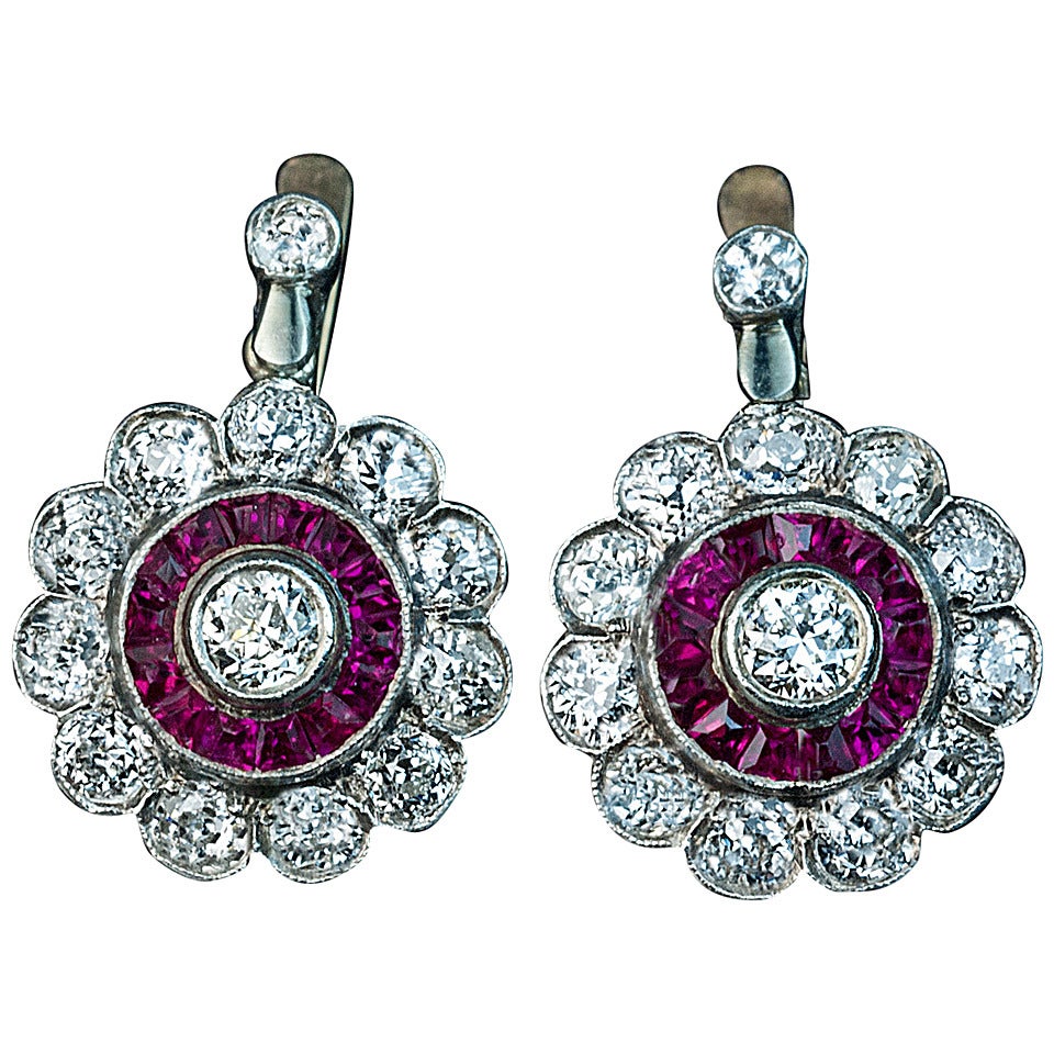 Antique Edwardian Early Art Deco Diamond Ruby Cluster Earrings For Sale