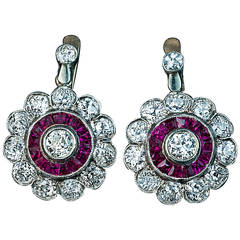 Antique Edwardian Early Art Deco Diamond Ruby Cluster Earrings 6