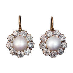Antique Russian Pearl Diamond Gold Cluster Earrings