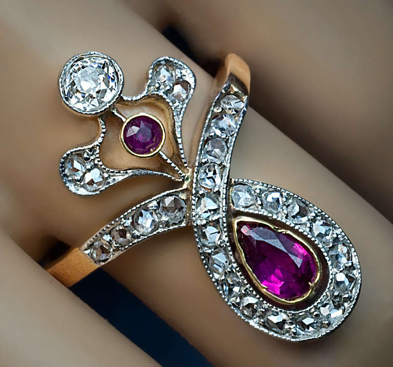 Women's Art Nouveau Ruby and Diamond Ring