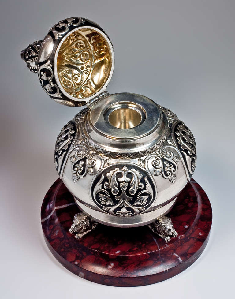 An exceptional antique inkwell by Carl Faberge,

made in Moscow between 1908 and 1917,

designed in the 1910s in Russian Modern style which was influenced by medieval Russo-Byzantine Art and Art Nouveau style.

The  inkwell is decorated with