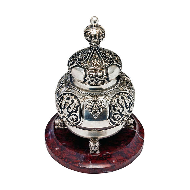 Faberge Silver Enamel Marble Inkwell 1910s