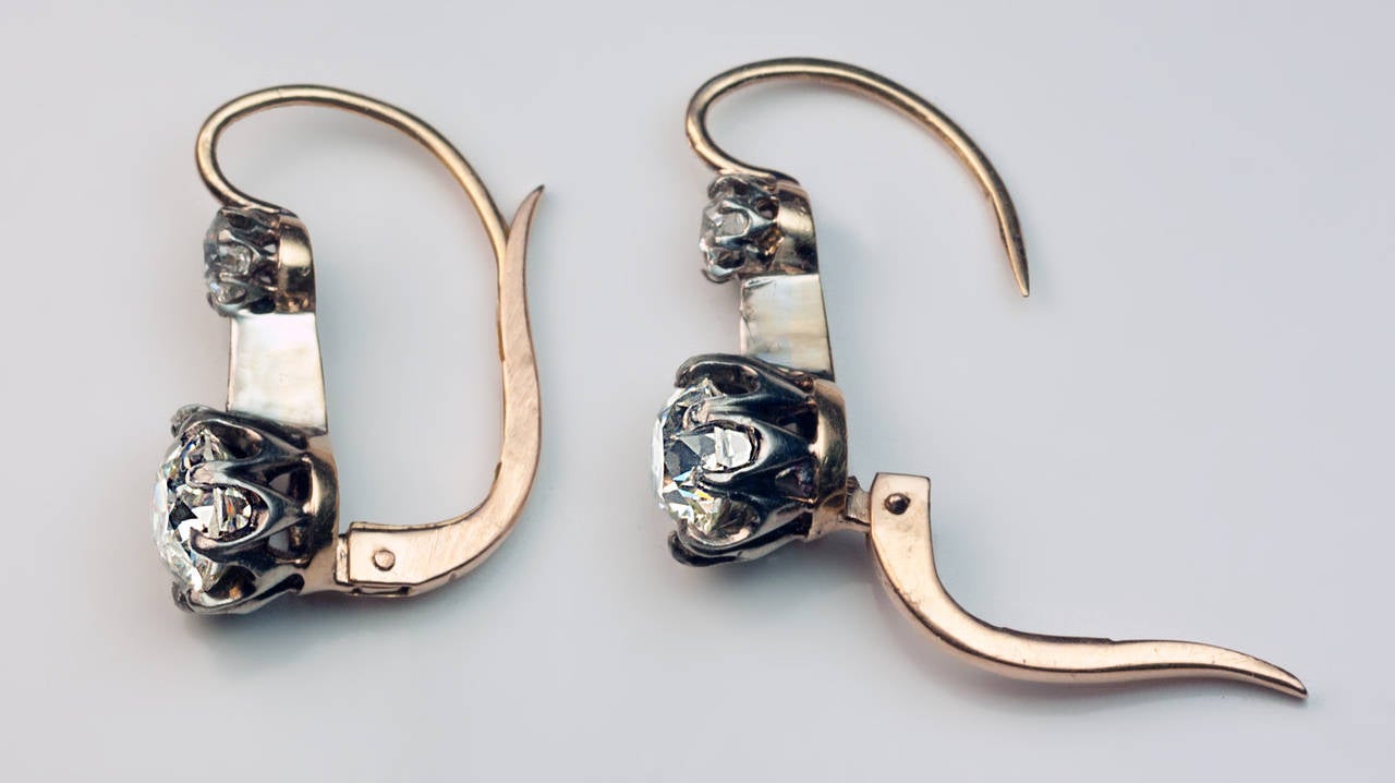 Edwardian Antique Two Stone Diamond Silver Gold Drop Earrings