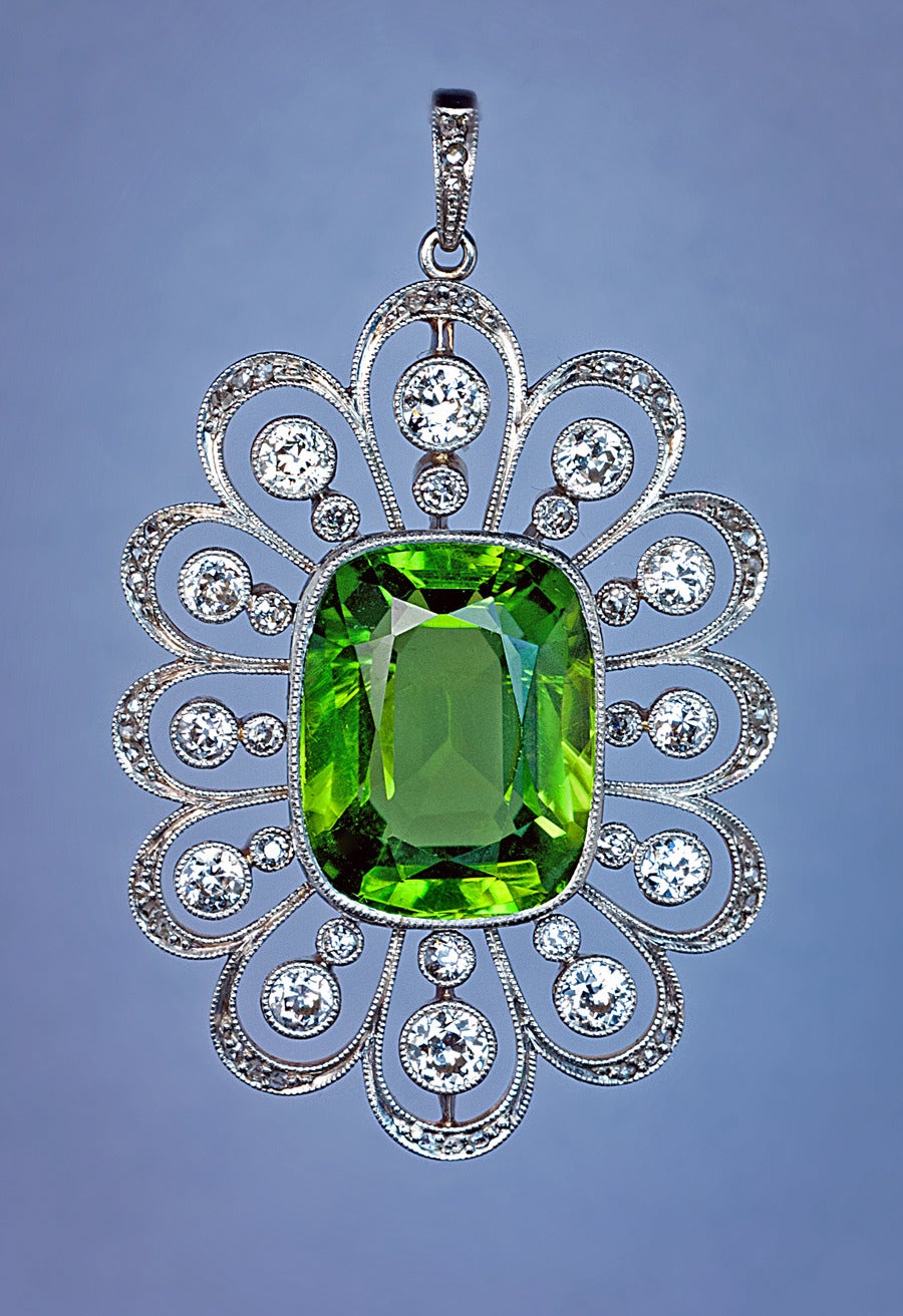 Women's Art Deco Russian 13 Carat Peridot Diamond Platinum Pendant