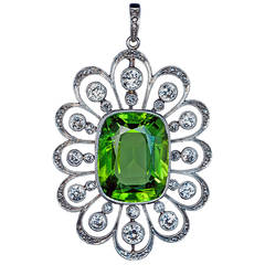 Art Deco Russian 13 Carat Peridot Diamond Platinum Pendant