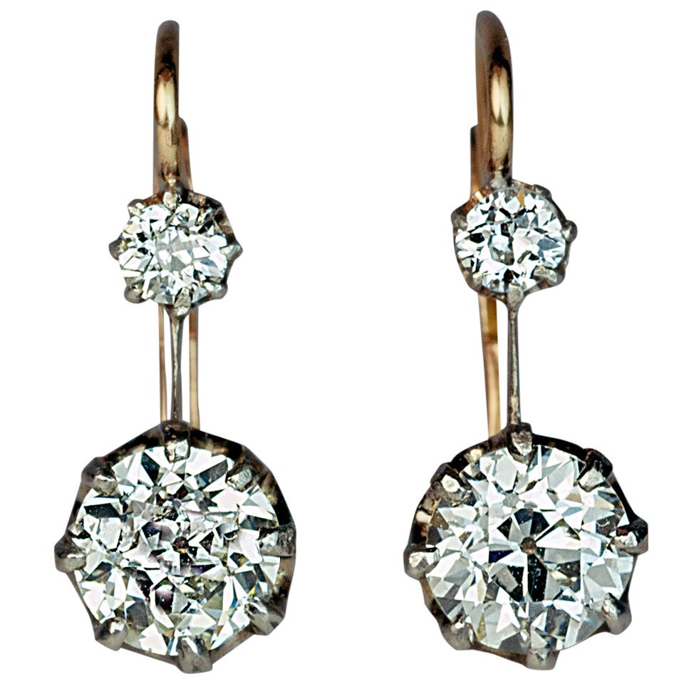 Antique Two Stone Diamond Silver Gold Drop Earrings