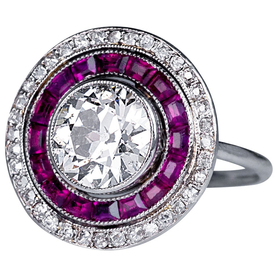 Art Deco  2 Carat Diamond Ruby  Engagement Ring