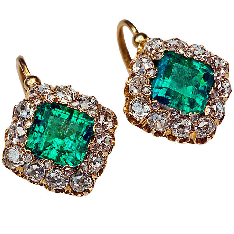 Antique French Emerald Diamond Gold Earrings
