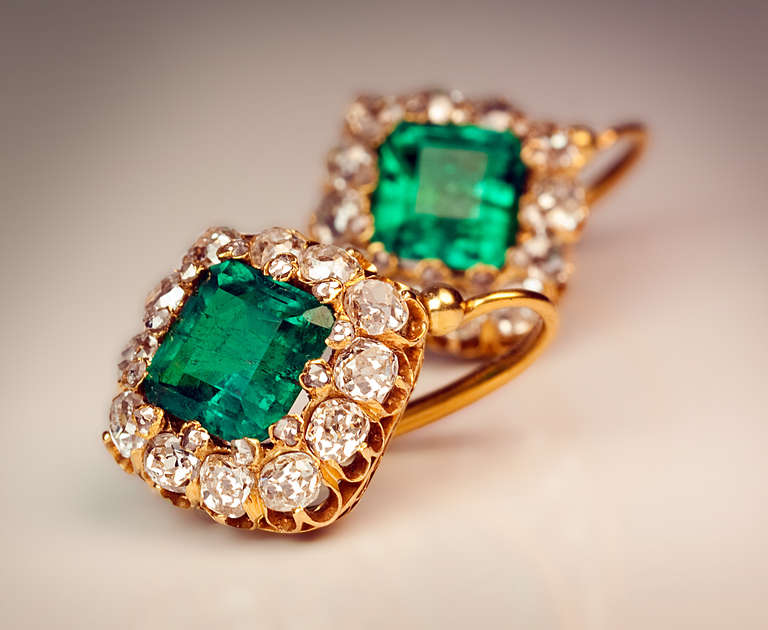 Victorian Antique French Emerald Diamond Gold Earrings