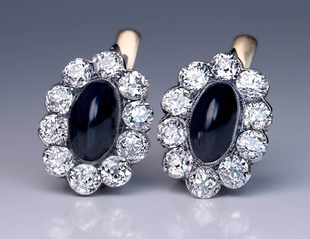 Antique Cabochon Sapphire Diamond Silver Gold Cluster Earrings 1