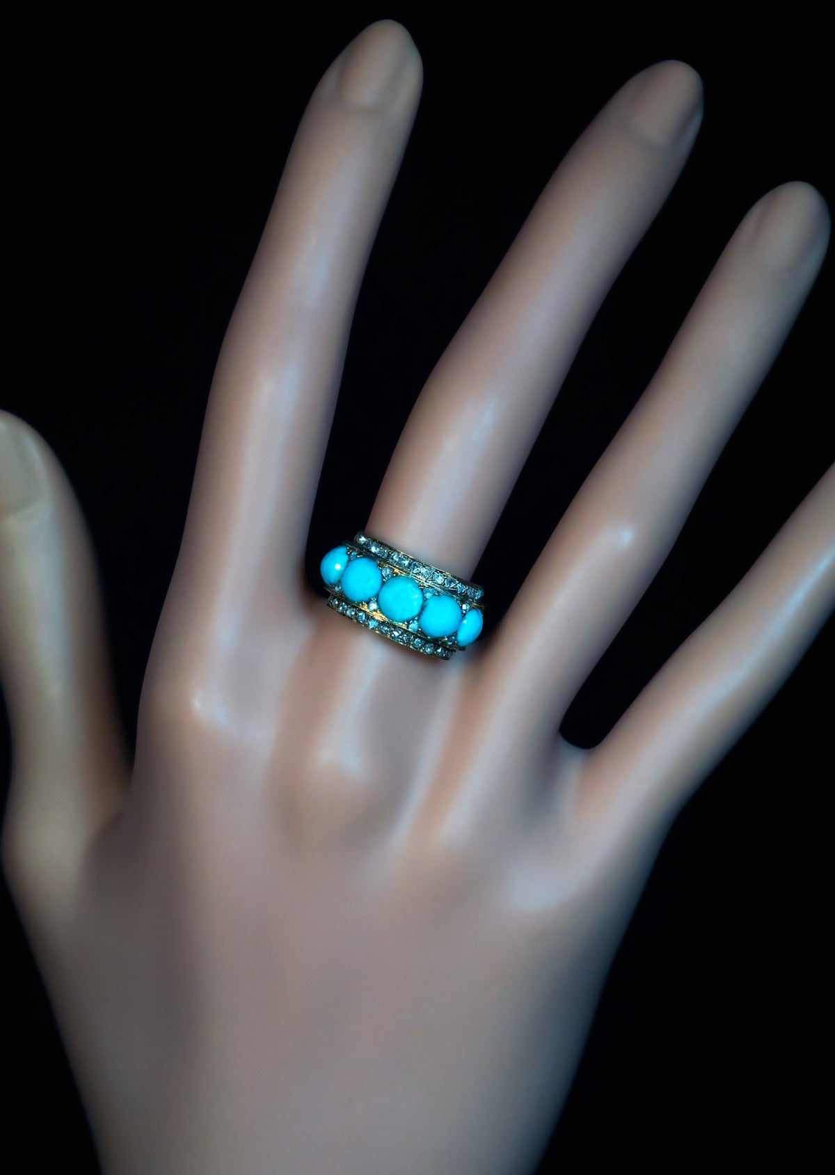 High Victorian 1800s Victorian Turquoise Rose Cut Diamond Gold Ring