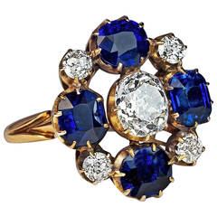 Russian Imperial Era Antique Sapphire Diamond Gold Cluster Ring 6