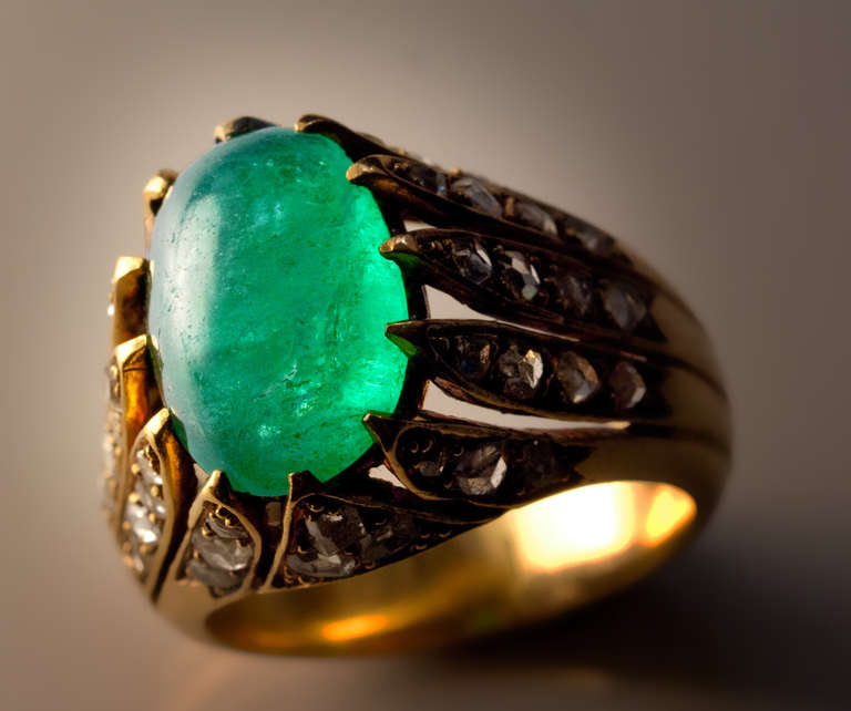 Art Nouveau Antique French Cabochon Emerald Rose Diamond Ring