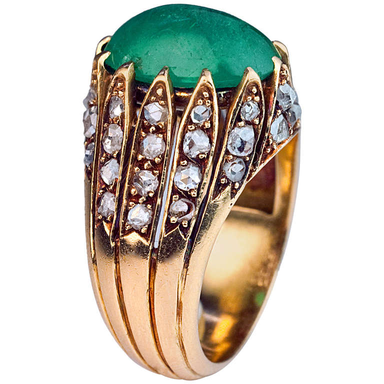 Antique French Cabochon Emerald Rose Diamond Ring at 1stDibs