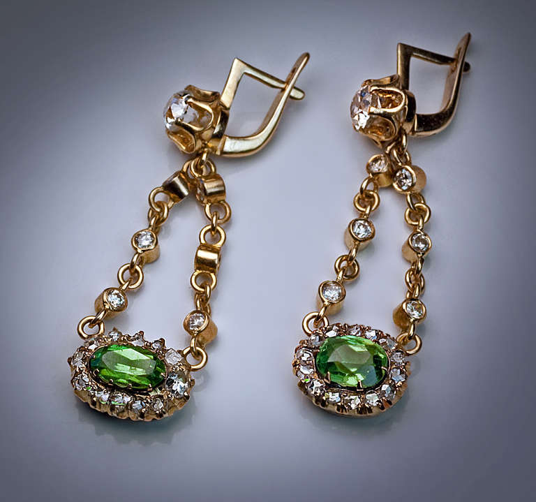 Antique Russian Demantoid Diamond Earrings In Excellent Condition In Chicago, IL