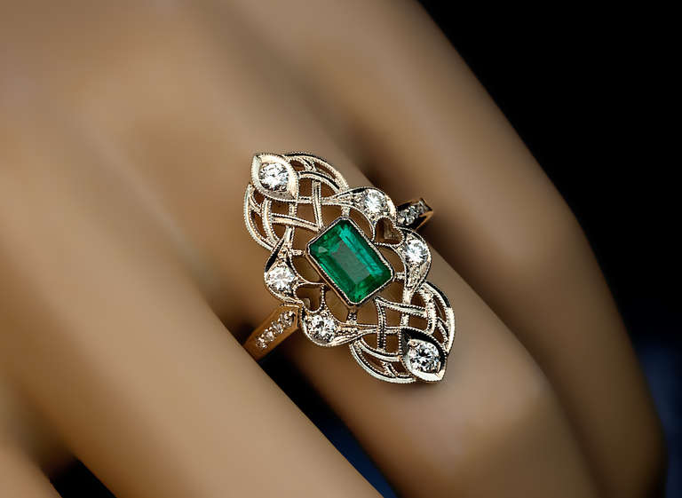 Emerald Cut Art Deco Emerald Diamond Openwork Ring