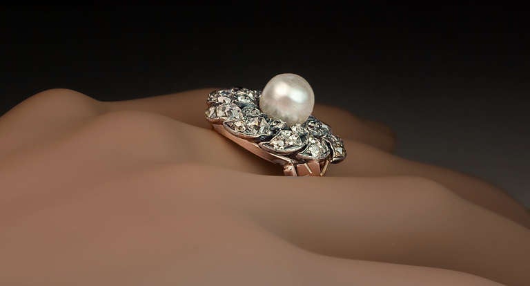 Antique Pearl Diamond Cluster Ring In Excellent Condition In Chicago, IL
