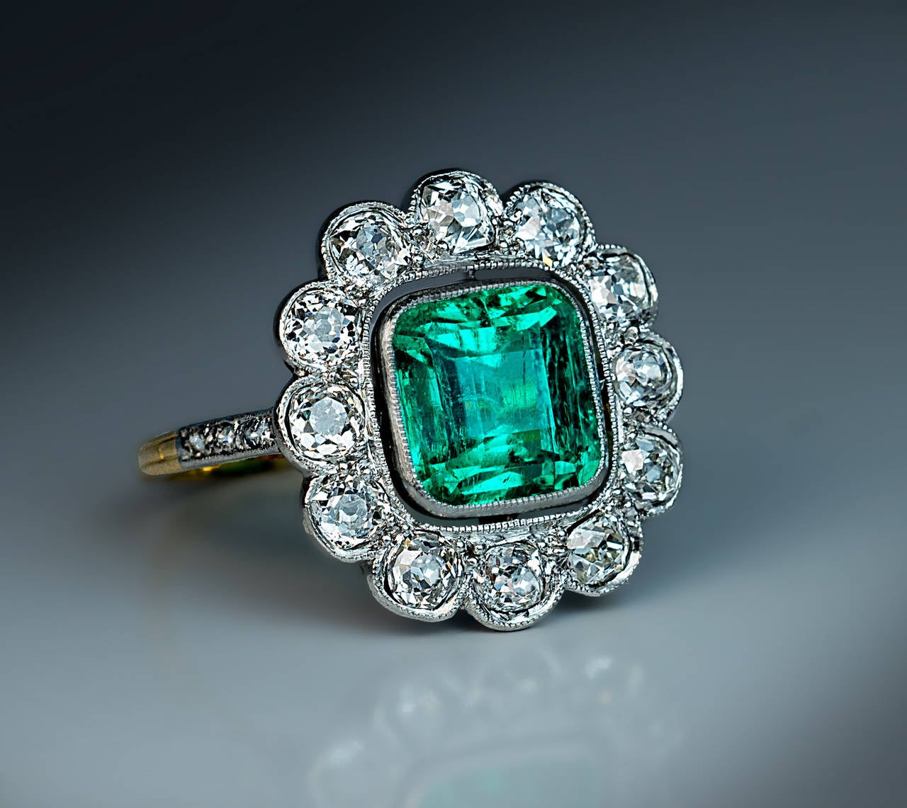 Antique Emerald Diamond Gold Platinum Cluster Ring at 1stDibs Antique Emerald Diamond Gold Platinum Cluster Ring at 1stDibs