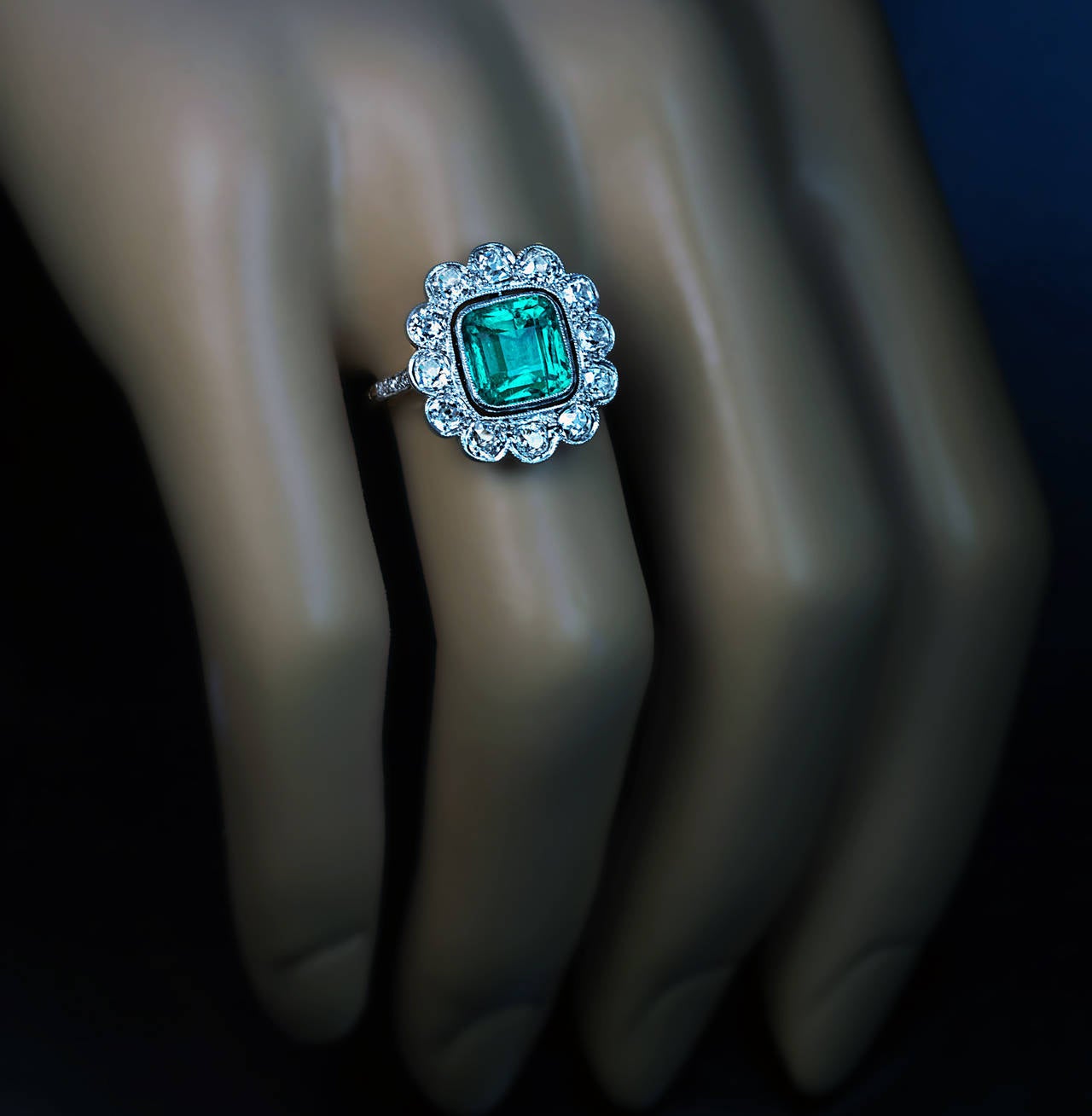 Edwardian Antique Emerald Diamond Gold Platinum Cluster Ring