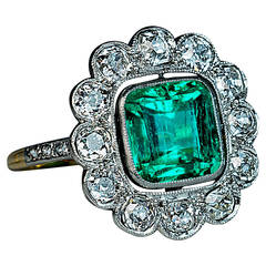 Antique Emerald Diamond Gold Platinum Cluster Ring