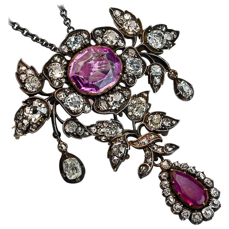 Anhänger-Brosche mit rosa Saphir, Rubin und Diamant, 19. Jahrhundert