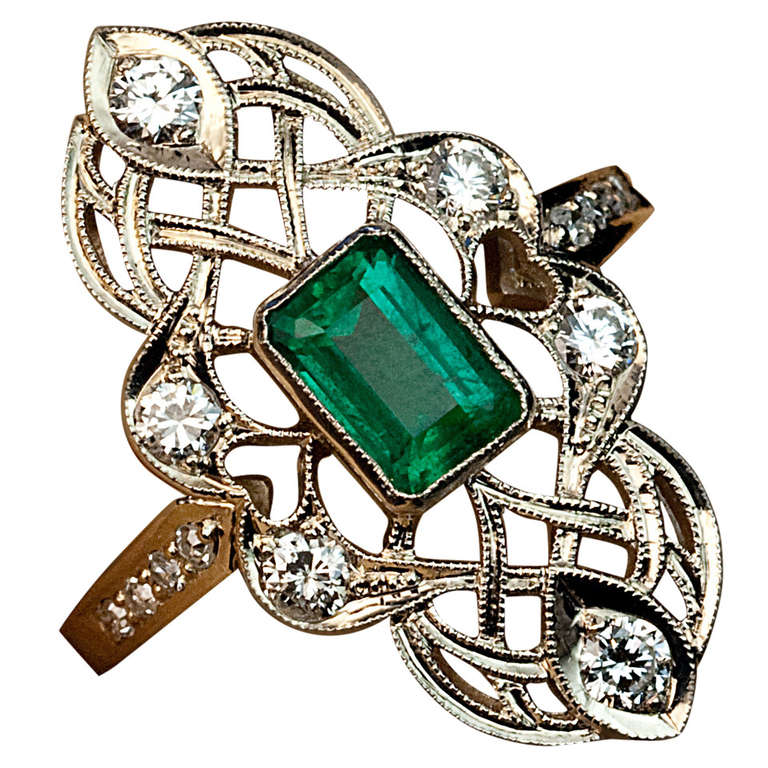 Art Deco Emerald Diamond Openwork Ring