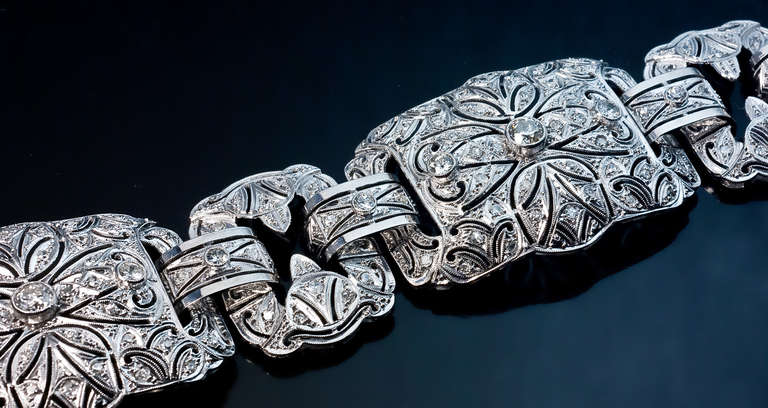 Art Deco Platinum Diamond Openwork Wide Bracelet 1