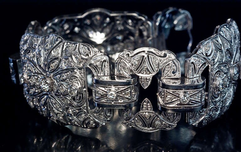 Art Deco Platinum Diamond Openwork Wide Bracelet In Excellent Condition In Chicago, IL