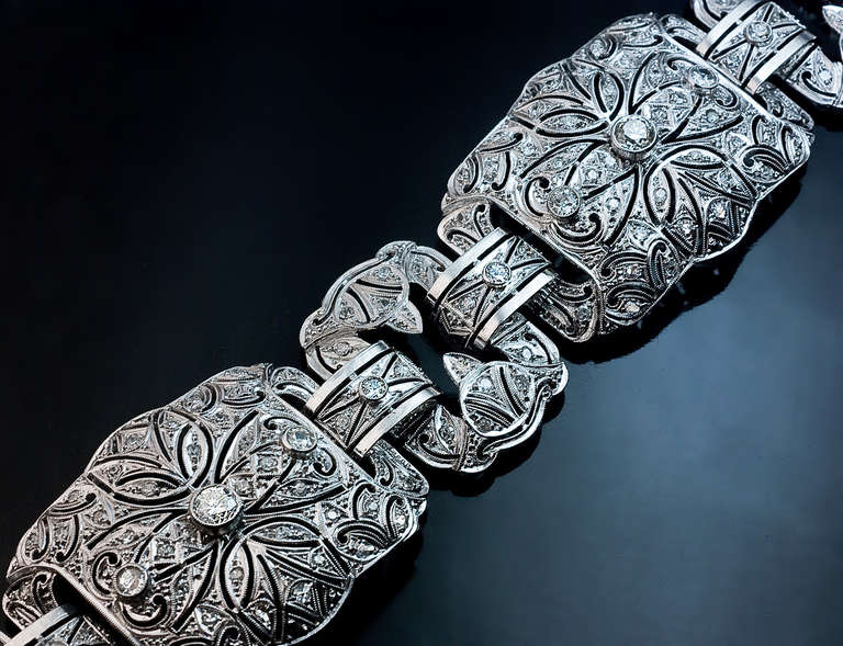 Women's Art Deco Platinum Diamond Openwork Wide Bracelet