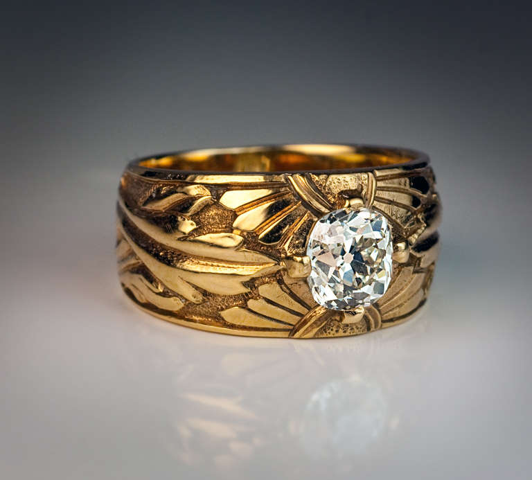 Cushion Cut Antique Russian Art Nouveau Diamond Gold Unisex Ring For Sale