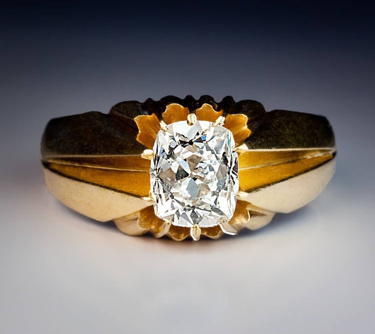 Art Deco Antique Russian D Color Cushion Cut Diamond Gold Solitaire Ring