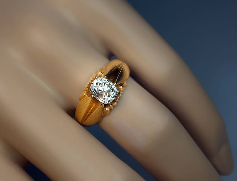 Women's or Men's Antique Russian D Color Cushion Cut Diamond Gold Solitaire Ring