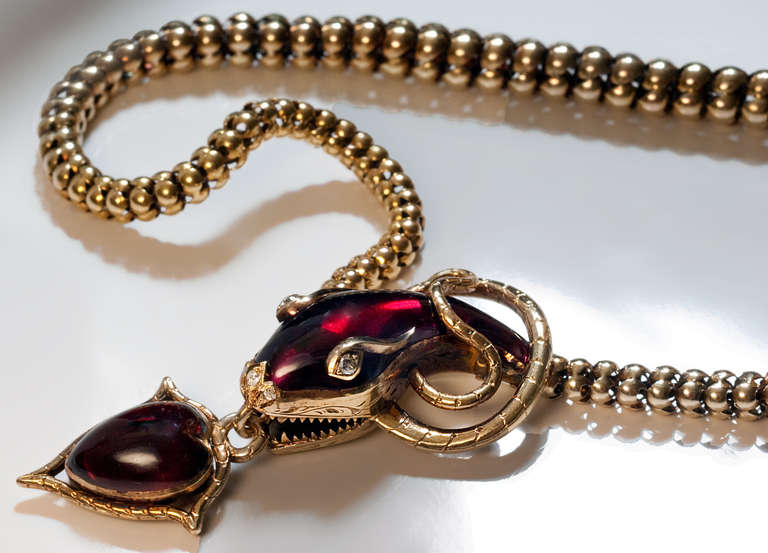 Mid 19th Century Garnet Gold Snake Necklace In Excellent Condition In Chicago, IL