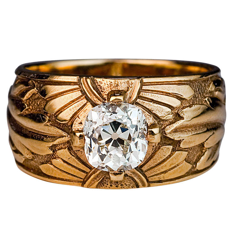 Antique Russian Art Nouveau Diamond Gold Unisex Ring For Sale