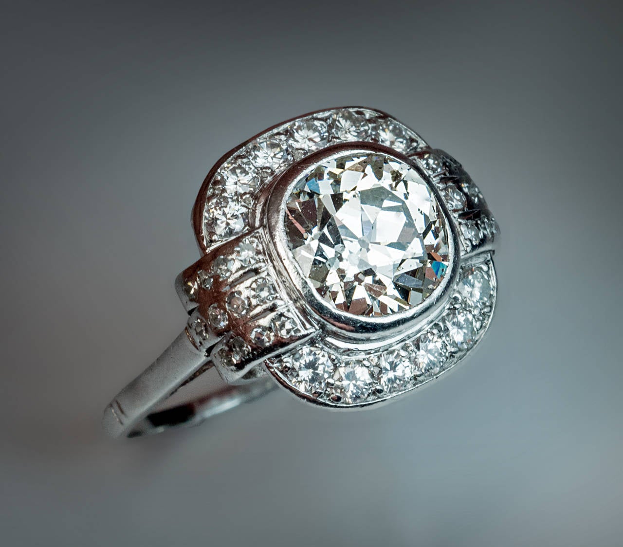 Cushion Cut Art Deco 2.91 Carat Diamond Platinum Engagement Ring