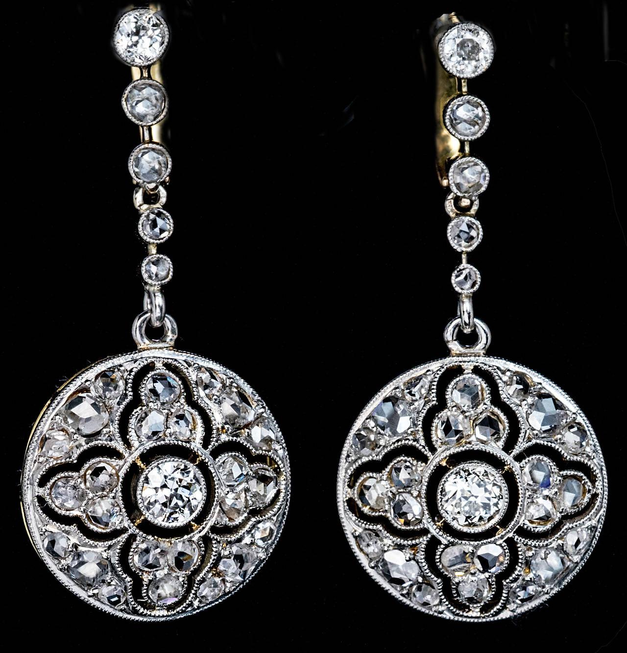 Antique Diamond Platinum Openwork Dangle Earrings In Excellent Condition In Chicago, IL