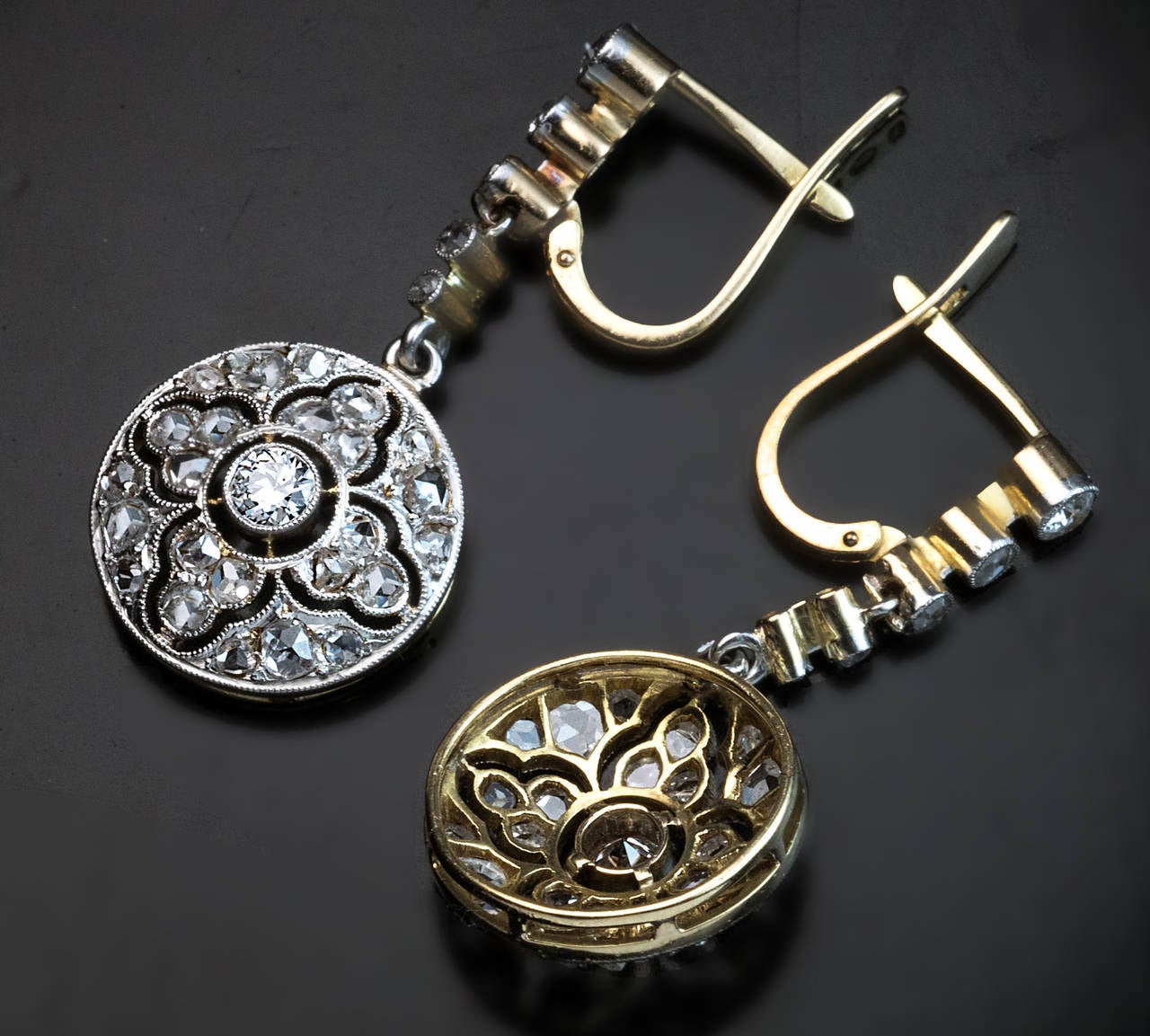 Edwardian Antique Diamond Platinum Openwork Dangle Earrings